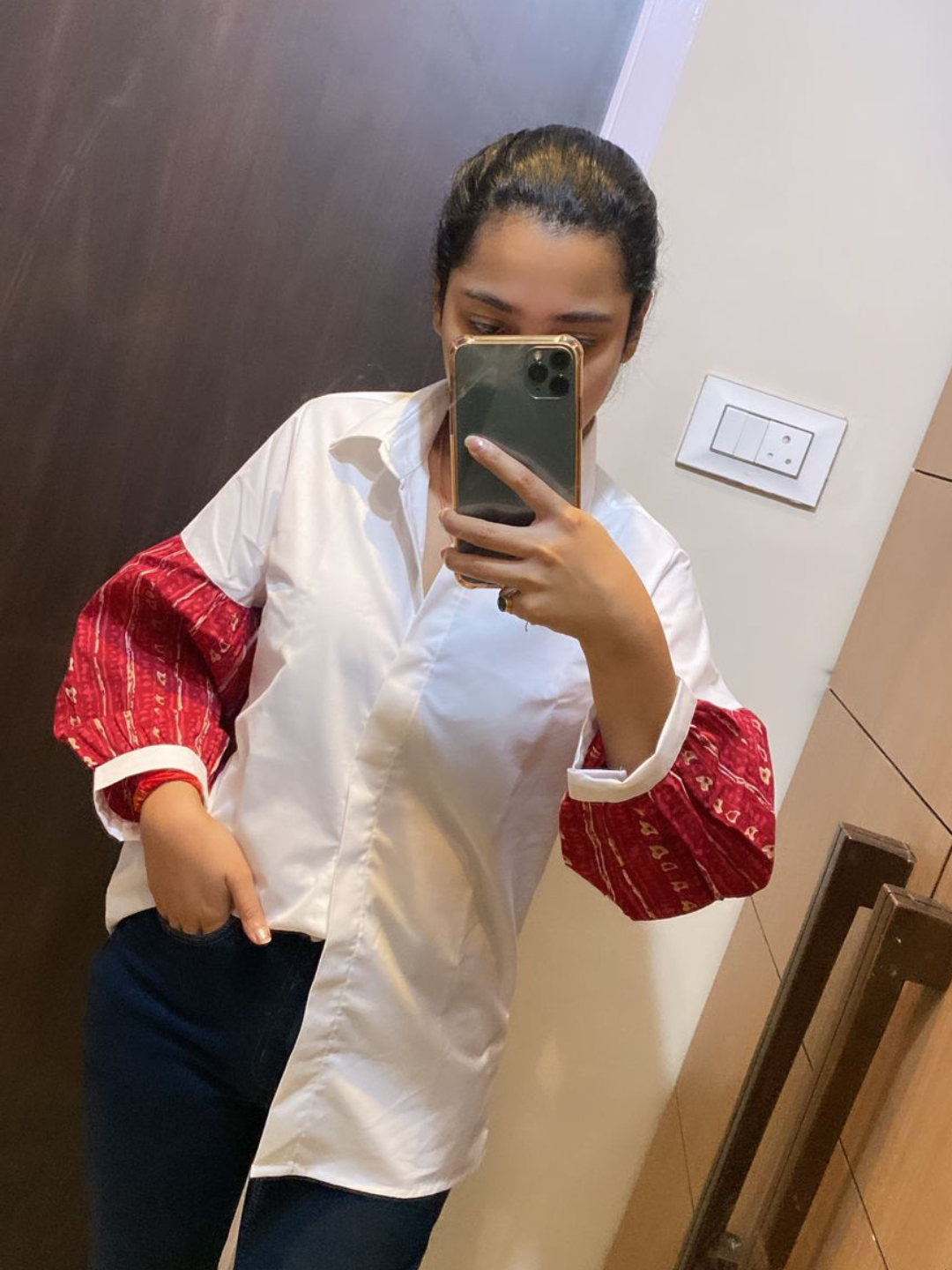 White Cotton Shirt with Printed Balloon Sleeves